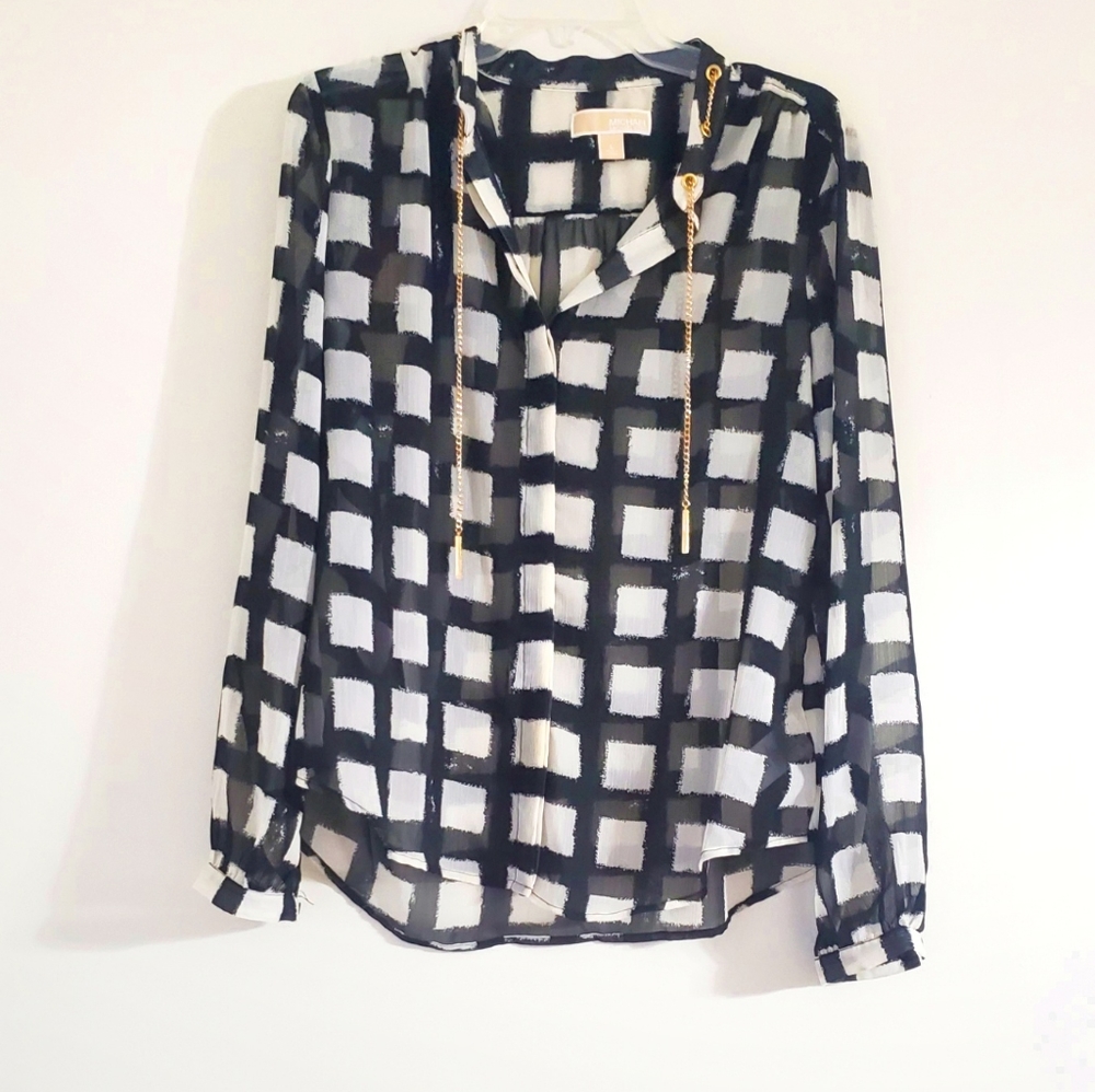 MICHAEL KORS BLACK& WHITE CHAIN LACE‎ UP BLOUSE.SZL